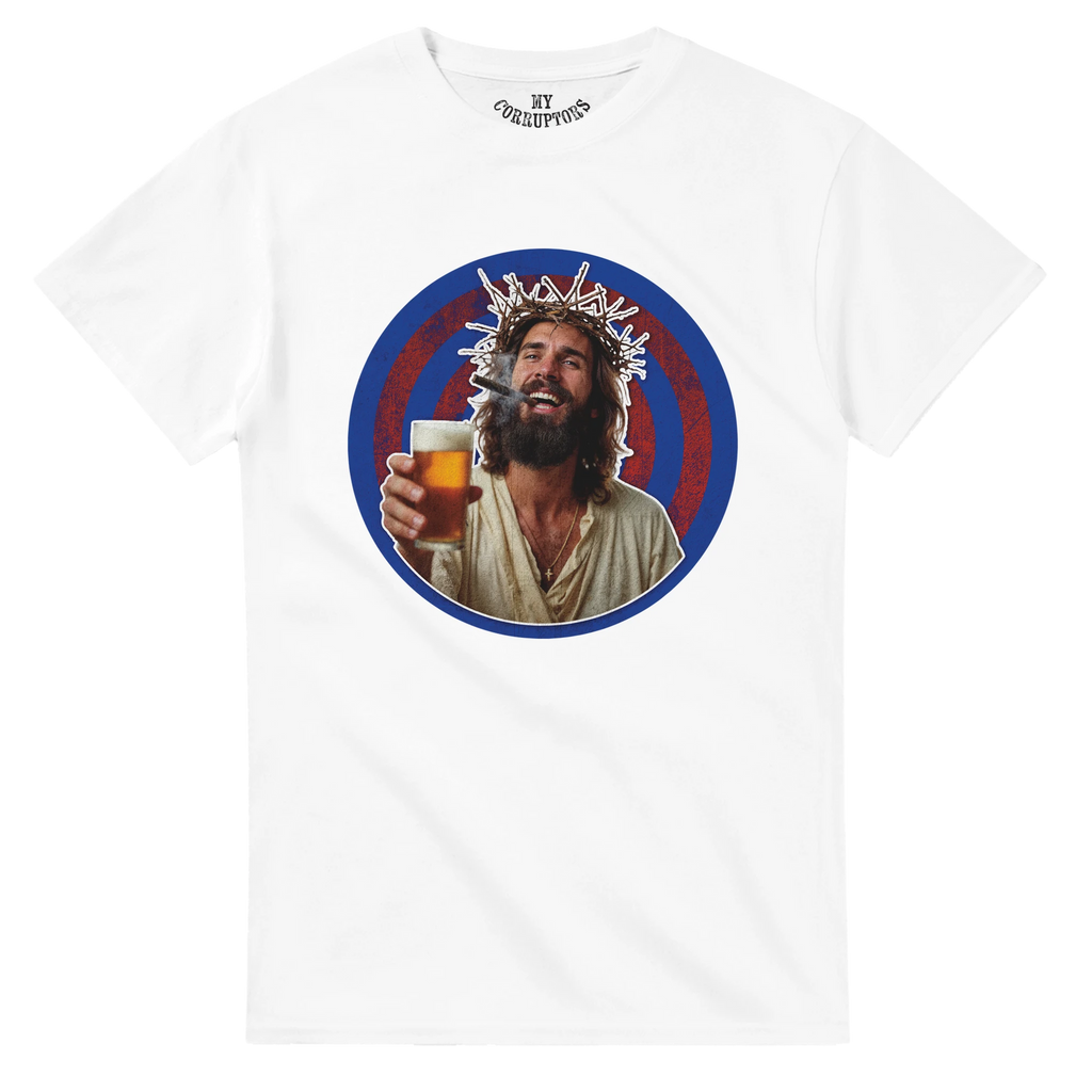 White t-shirt featuring a funny Pint of the Holy Water design with a humorous illustration